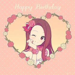 Rule 34 | 1girl, ;), agata (agatha), bad id, bad twitter id, bare shoulders, blush, closed mouth, collarbone, commentary request, flower, flower bracelet, forehead, frills, hair flower, hair ornament, hair ribbon, hand on own cheek, hand on own face, happy birthday, heart, idolmaster, idolmaster (classic), long hair, looking at viewer, minase iori, one eye closed, pink background, pink flower, pink ribbon, pink rose, polka dot, polka dot background, purple eyes, purple hair, red flower, red rose, ribbon, rose, single strap, smile, solo, tareme, upper body, white flower, white rose