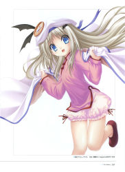 Rule 34 | 1girl, absurdres, blue eyes, buttons, cape, child, fang, hat, highres, large buttons, little busters!, long hair, na-ga, noumi kudryavka, scan, silver hair, simple background, solo