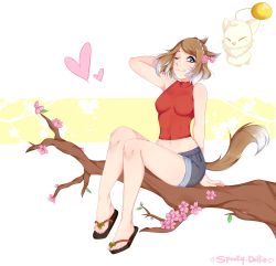 Rule 34 | animal ears, arm up, blue eyes, breasts, brown hair, cat ears, cat tail, cherry blossoms, final fantasy, final fantasy xiv, highres, medium breasts, moogle, multicolored hair, one eye closed, resolution mismatch, sandals, self-upload, shirt, shorts, sitting, smile, source smaller, spooky-dollie, streaked hair, tail, tight clothes, tight shirt