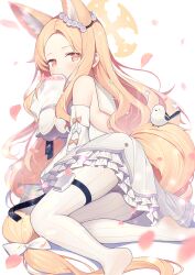 Rule 34 | 1girl, absurdly long hair, animal ear fluff, animal ears, artist name, blonde hair, blue archive, bow, detached sleeves, dress, falling petals, flower, flower wreath, forehead, fox ears, frilled dress, frills, gradient eyes, hair flower, hair ornament, halo, highres, holster, homaderi, long-tailed tit, long hair, looking at viewer, multicolored eyes, no shoes, orange eyes, pantyhose, parted bangs, petals, petticoat, sailor collar, seia (blue archive), sleeves past fingers, sleeves past wrists, solo, striped clothes, striped pantyhose, tail, tail bow, tail ornament, thigh holster, thigh strap, tit (bird), vertical-striped clothes, vertical-striped pantyhose, very long hair, white bow, white dress, white flower, white pantyhose, white sailor collar, yellow eyes
