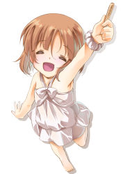 Rule 34 | 1girl, :d, aged down, arm up, barefoot, brown hair, child, closed eyes, commentary, dress, facing viewer, full body, girls und panzer, halterneck, highres, holding, leg up, looking at viewer, nishizumi miho, open mouth, popsicle stick, scrunchie, senomoto hisashi, shadow, short hair, simple background, smile, standing, standing on one leg, sundress, translated, white background, white dress, white scrunchie, wrist scrunchie
