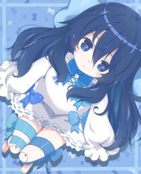 Rule 34 | 1girl, black hair, blue eyes, bow, doll joints, dress, from above, highres, joints, leg ribbon, little witch nobeta, long hair, looking up, pale skin, ribbon, sitting, sleeves past wrists, solo, tania (little witch nobeta), thigh ribbon, thighs, white dress