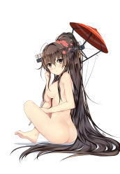 Rule 34 | 10s, 1girl, ass, barefoot, bba1985, blush, breasts, brown hair, full body, highres, kantai collection, long hair, looking at viewer, md5 mismatch, medium breasts, nipples, nude, ponytail, simple background, sitting, solo, umbrella, very long hair, white background, yamato (kancolle)