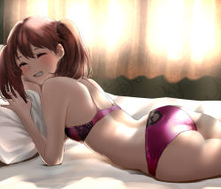 Rule 34 | 1girl, ass, back, bare arms, bare shoulders, bed, blush, bra, breasts, brown hair, closed eyes, commentary request, curtains, grin, hair between eyes, highres, indoors, kantai collection, light rays, looking at viewer, lying, on bed, on stomach, panties, pillow, pink bra, pink panties, ryuujou (kancolle), small breasts, smile, solo, tama (tamago), twintails, underwear, underwear only, window