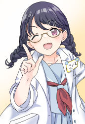 Rule 34 | 1girl, artist request, black hair, braid, commentary request, fang, fukumaru koito, glasses, gradient background, hair ornament, hairclip, highres, idolmaster, idolmaster shiny colors, lab coat, long hair, long sleeves, looking at viewer, low twin braids, name tag, neckerchief, one eye closed, pleated skirt, pointing, purple eyes, sailor collar, school uniform, serafuku, skin fang, skirt, solo, twin braids