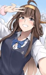 Rule 34 | 1girl, alternate costume, breasts, brown hair, collared shirt, day, grey eyes, highres, kantai collection, kongou (kancolle), long hair, looking at viewer, medium breasts, outdoors, scrunchie, shirt, smile, solo, upper body, vest, white shirt, zekkyon