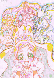 Rule 34 | 4girls, :d, akagi towa, amanogawa kirara, arm warmers, belt, blush, bow, choker, clenched hands, color trace, cure flora, cure mermaid, cure scarlet, cure twinkle, dated, earrings, eyebrows, eyelashes, closed eyes, frills, go! princess precure, hair ornament, half updo, hand on own face, haruno haruka, heart, highres, itaoka1, jewelry, kaidou minami, long hair, looking at viewer, magical girl, midriff, multiple girls, navel, open mouth, partially colored, pointy ears, precure, puffy sleeves, quad tails, ribbon, sketch, skirt, sleeveless, smile, thick eyebrows, traditional media, very long hair, white background