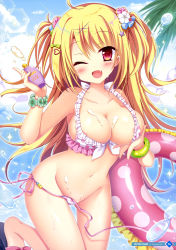 Rule 34 | 1girl, ;d, absurdres, ahoge, areola slip, bare shoulders, bikini, blonde hair, blue sky, blush, breasts, cleavage, cloud, cloudy sky, collarbone, day, fang, floating hair, flower, frills, green flower, groin, hair flower, hair ornament, heart, highres, holding, innertube, large breasts, leg up, lens flare, long hair, looking at viewer, lotion bottle, navel, one eye closed, open mouth, original, picpicgram, polka dot, polka dot bikini, red eyes, scan, side-tie bikini bottom, sky, slippers, smile, solo, star (symbol), swim ring, swimsuit, thigh gap, thighs, two side up, untied bikini, wet, white bikini, x hair ornament