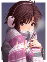 Rule 34 | 1girl, antenna hair, black eyes, blue background, blue eyes, blush, border, breath, brown hair, cold, covered mouth, earmuffs, fingernails, idolmaster, idolmaster (classic), kikuchi makoto, looking at viewer, nekopuchi, outside border, portrait, scarf, short hair, simple background, smile, solo, striped clothes, striped scarf, upper body, white border, winter clothes