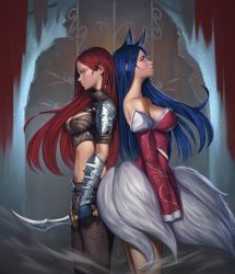 Rule 34 | 2girls, ahri (league of legends), animal ears, bare shoulders, blade, blue hair, breasts, brown eyes, flower, fox ears, katarina (league of legends), korean clothes, large breasts, league of legends, lips, midriff, multiple girls, multiple tails, pursed lips, red hair, rose, scar, since, tail