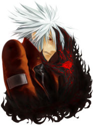 Rule 34 | 1boy, arc system works, blazblue, claws, collair (cono), devoured by darkness, jacket, male focus, ragna the bloodedge, red eyes, red jacket, short hair, silver hair, solo, spiked hair, veins