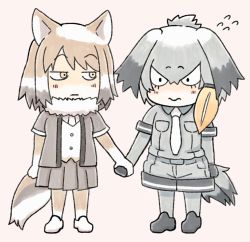 Rule 34 | 2girls, 3:, :|, animal ears, bad id, bad twitter id, bird tail, blonde hair, chibi, closed mouth, commentary request, edano kiui, elbow gloves, embarrassed, flying sweatdrops, fox ears, fox tail, fur collar, gloves, grey hair, grey shirt, grey shorts, hair between eyes, highres, holding hands, jitome, kemono friends, light brown hair, looking at another, low ponytail, medium hair, multicolored hair, multiple girls, necktie, pink background, pleated skirt, shirt, shoebill (kemono friends), shorts, side ponytail, simple background, skirt, tail, tibetan fox (kemono friends), wavy mouth, white hair, white neckwear
