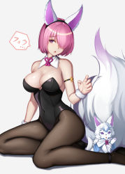 Rule 34 | 1girl, :o, animal ears, arm strap, bare shoulders, black footwear, black hairband, black leotard, black pantyhose, blush, breasts, cleavage, commentary request, covered navel, creature, detached collar, dydydyok, fake animal ears, fate/grand order, fate (series), fou (fate), hair over one eye, hairband, head tilt, heart, heart-shaped pupils, highres, large breasts, leotard, looking at viewer, mash kyrielight, nontraditional playboy bunny, open mouth, pantyhose, pink hair, playboy bunny, purple eyes, short hair, sitting, speech bubble, strapless, strapless leotard, symbol-shaped pupils, translation request, wrist cuffs, yokozuwari