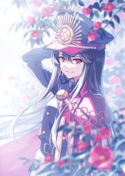 Rule 34 | 1girl, arm behind head, arm up, belt, black hair, black hat, blurry, blurry foreground, cape, family crest, fate/grand order, fate (series), flower, hair between eyes, hat, highres, long hair, long sleeves, looking at viewer, military, military hat, military uniform, nonono (nononotea), oda nobunaga (fate), oda nobunaga (koha-ace), oda uri, peaked cap, red cape, red eyes, red flower, sidelocks, smile, solo, uniform, upper body