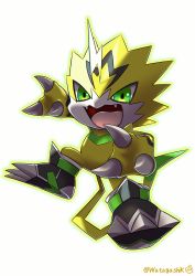 Rule 34 | absurdres, claws, commentary request, creature, digimon, digimon (creature), fangs, full body, green eyes, highres, lightning bolt symbol, no humans, open mouth, outer glow, pulsemon, signature, simple background, solo, tail, tongue, twitter username, watagashikn, white background, yellow fur