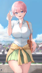 Rule 34 | 1girl, :d, absurdres, bag, blue sky, blurry, blurry background, blush, bottle, breasts, clothes around waist, collarbone, collared shirt, cowboy shot, day, depth of field, go-toubun no hanayome, green skirt, handbag, highres, holding, holding bottle, large breasts, looking at viewer, miniskirt, nakano ichika, open mouth, outdoors, pigone, pink hair, plastic bottle, pleated skirt, purple eyes, railing, shirt, short hair, short sleeves, shoulder bag, skirt, sky, smile, solo, town, water bottle, white shirt