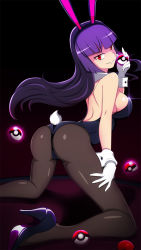Rule 34 | 1girl, animal ears, ass, black pantyhose, breasts, creatures (company), detached collar, fake animal ears, game freak, gloves, gym leader, high heels, highres, kneeling, large breasts, leotard, long hair, looking at viewer, looking back, nintendo, pantyhose, playboy bunny, poke ball, pokemon, pokemon rgby, purple hair, rabbit ears, rabbit girl, rabbit tail, red eyes, sabrina (pokemon), shiny skin, sideboob, simple background, sitting, solo, tail, vivivoovoo, white gloves, wrist cuffs