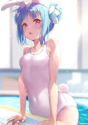 Rule 34 | 1girl, absurdres, animal ear fluff, animal ears, bare arms, bare shoulders, blue hair, blurry, blurry background, blush, braid, braided bun, breasts, double bun, extra ears, hair bun, highres, hololive, looking at viewer, multicolored hair, nira (vira), one-piece swimsuit, open mouth, pool, rabbit ears, rabbit girl, rabbit tail, red eyes, sidelocks, small breasts, solo, streaked hair, swimsuit, tail, thick eyebrows, usada pekora, virtual youtuber, wet, wet clothes, wet swimsuit, white hair, white one-piece swimsuit