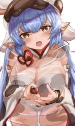 Rule 34 | 1girl, absurdres, animal costume, animal ears, animal print, bikini, candy, catura (granblue fantasy), chocolate, chocolate heart, cow costume, cow ears, cow girl, cow hat, cow hood, cow horns, cow print, cow tail, detached collar, draph, ear piercing, food, granblue fantasy, heart, highres, horns, maou (maoudaisukiya), micro shorts, piercing, see-through, shorts, swimsuit, tail, open fly, valentine, white bikini, white shorts