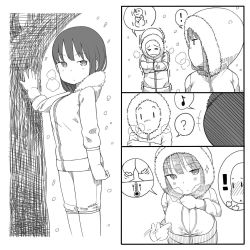 Rule 34 | !, +++, 1boy, 1girl, ?, against tree, arrow (symbol), blush, border, breasts, breath, cleavage, closed eyes, coat, cold, ekz (robotekz), gloves, greyscale, hood, large breasts, looking at viewer, looking back, monochrome, musical note, outdoors, paizuri invitation, presenting, snow, snowflakes, snowing, snowman, sparkle, speech bubble, spoken exclamation mark, spoken musical note, spoken question mark, thermometer, tree, trembling, white border