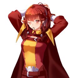 Rule 34 | 1girl, anna (fire emblem), arcelle, arms behind head, belt, belt buckle, blush, buckle, cape, closed mouth, clothing cutout, fingerless gloves, fire emblem, fire emblem awakening, gloves, hair between eyes, hair tie, hair tie in mouth, highres, long hair, long sleeves, looking at viewer, mixed-language commentary, mouth hold, nintendo, one eye closed, ponytail, popped collar, red belt, red cape, red eyes, red gloves, red hair, red shirt, shirt, simple background, smile, solo, tying hair, upper body, white background