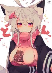 Rule 34 | 1girl, ahoge, animal ear fluff, animal ears, arm under breasts, between breasts, blazer, blush, bra, breasts, candy, chocolate, chocolate heart, cleavage, food, grey hair, hair between eyes, hair ornament, hairclip, heart, heart ahoge, highres, jacket, lace, lace-trimmed bra, lace trim, large breasts, long hair, long sleeves, looking at viewer, muuran, open clothes, open jacket, open mouth, original, partially translated, pink eyes, reaching, reaching towards viewer, scarf, selfie, signature, simple background, sparkle, tail, translation request, underwear, valentine, very long hair, white background