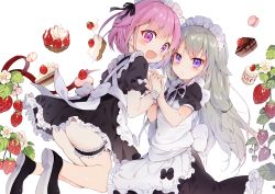 Rule 34 | 2girls, :d, absurdres, amafuyu, apron, back bow, bare legs, black dress, black footwear, black ribbon, blush, bow, bridal garter, cake, cake slice, candy, chocolate cake, commentary request, dress, fang, food, frilled dress, frills, fruit, fruit tart, grey hair, hair ribbon, highres, holding hands, jumping, kusanagi nene, long hair, looking at viewer, maid, maid apron, maid headdress, multiple girls, ootori emu, open mouth, pink eyes, pink hair, plant, project sekai, puffy short sleeves, puffy sleeves, purple eyes, ribbon, shoes, short hair, short sleeves, smile, strawberry, strawberry cake, strawberry shortcake, strawberry tart, tart (food), thigh strap, white apron, white background, white bow, wrist cuffs