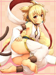 Rule 34 | 10s, 1girl, :o, andira (granblue fantasy), animal ears, armpits, ass, bare shoulders, barefoot, beige background, belt, blonde hair, blush, breasts, checkered background, choker, cleavage cutout, clothing cutout, collarbone, detached pants, detached sleeves, erune, feet, flying nimbus, granblue fantasy, hairband, hand on own hip, highres, hip focus, long sleeves, looking at viewer, lying, monkey ears, monkey girl, monkey tail, negija, on side, parted lips, red eyes, see-through, small breasts, soles, solo, tail, thighhighs, thighs, tiara, toes