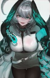Rule 34 | 1girl, 39chiho, absurdres, aqua eyes, arknights, black collar, black pantyhose, breasts, coat, collar, cowboy shot, dress, fangs, grey hair, hair between eyes, head wings, highres, ho&#039;olheyak (arknights), infection monitor (arknights), large breasts, looking at viewer, medium hair, open clothes, open coat, open mouth, pantyhose, snake tail, solo, tail, thighs, white coat, white dress, wings