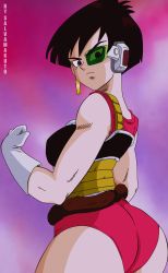 Rule 34 | 1girl, absurdres, armor, artist name, ass, black hair, breasts, dragon ball, dragonball z, gloves, highres, looking at viewer, medium breasts, monkey tail, multicolored background, pink background, purple background, purple eyes, saiyan, saiyan armor, salvamakoto, scouter, seripa, short hair, sideboob, solo, source request, tagme, tail, white gloves