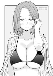 Rule 34 | 1girl, bikini, bikini top only, breasts, collarbone, commentary request, dated, grey background, greyscale, highres, kichihachi, large breasts, monochrome, original, short hair, simple background, solo, swimsuit, twitter username, two-tone background, white background