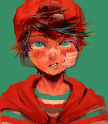 Rule 34 | 1boy, backwards hat, bandage on face, bandages, baseball cap, dirty, dirty face, eyelashes, green background, green eyes, hat, injury, male focus, mokorobi, mother (game), mother 1, neckerchief, ninten, nintendo, parted lips, red hat, red neckerchief, shirt, short hair, simple background, solo, striped clothes, striped shirt