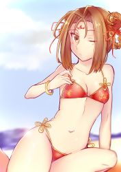 Rule 34 | 1girl, absurdres, beach, bikini, blue sky, breasts, brown hair, cleavage, cloud, commentary request, day, double bun, facial mark, fate/grand order, fate (series), forehead mark, frown, hair bun, hair ribbon, hair rings, highres, kamonoya, looking at viewer, nezha (fate), one eye closed, parted bangs, red bikini, red ribbon, ribbon, short hair, sitting, sky, small breasts, solo, sun glare, swimsuit