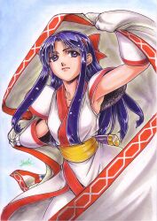 Rule 34 | 1girl, ainu clothes, arm up, armpits, breasts, hair ribbon, highres, legs, long hair, nakoruru, pants, purple eyes, purple hair, ribbon, samurai spirits, serious, small breasts, solo, the king of fighters, thighs, traditional media, weapon