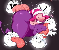 Rule 34 | 1girl, 5others, anilingus, ass, black background, blush, boo (mario), breasts, colored skin, eyebrows, closed eyes, fangs, floating, full-face blush, ghost, gloves, hair over eyes, happy, hat, heart, highres, huge ass, inverted nipples, jinu (jinusenpai), licking, long hair, long tongue, looking at another, mario (series), medium breasts, multiple others, nintendo, nipples, nude, o o, open mouth, paper mario, paper mario: the thousand year door, pink hair, purple skin, saliva, smile, thick thighs, thighs, tongue, uncensored, vivian (paper mario), wavy mouth, wide hips, | |
