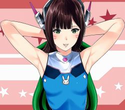 Rule 34 | 1girl, armpits, arms up, black hair, breasts, d.va (overwatch), green eyes, highres, long hair, overwatch, overwatch 1, xter