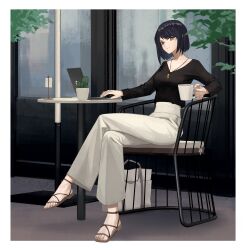 Rule 34 | 1girl, absurdres, alternate costume, bag, baiyinzhideng, black hair, black shirt, border, breasts, casual, cleavage, closed mouth, computer, crossed legs, cup, genshin impact, grey pants, handbag, high-waist pants, highres, holding, holding cup, indoors, jewelry, kujou sara, laptop, medium breasts, necklace, on chair, pants, parted bangs, plant, plantar flexion, potted plant, sandals, shirt, short hair, sitting, solo, table, white border, yellow eyes