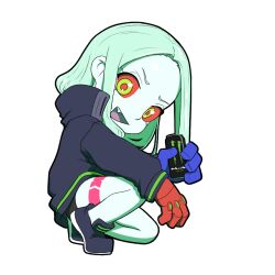 Rule 34 | 1girl, black jacket, can, chibi, colored sclera, commentary, cyberpunk (series), cyberpunk edgerunners, death by lolis, energy drink, english commentary, full body, green eyes, green hair, holding, holding can, jacket, leg tattoo, monster energy, open mouth, rebecca (cyberpunk), red sclera, smile, solo, squatting, tattoo