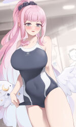 Rule 34 | 1girl, absurdres, angel wings, arm behind back, doodle sensei (blue archive), blue archive, blush, breasts, collarbone, covered navel, hair ornament, hair scrunchie, halo, highres, indoors, large breasts, long hair, looking down, mika (blue archive), nose blush, pink hair, ponytail, scrunchie, sensei (blue archive), sidelocks, smile, solo, sweatdrop, tomid, trinity general school swimsuit, very long hair, white wings, wings