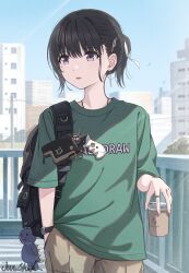 Rule 34 | 1girl, artist name, backpack, bag, black hair, blue sky, building, cup, disposable cup, earrings, fence, gun, hand in pocket, handgun, highres, holding, holding cup, holster, jewelry, junshiki, mole, mole under eye, open mouth, original, ponytail, power lines, purple eyes, revolver, ring, shirt, short hair, signature, sky, solo, t-shirt, utility pole, watch, weapon, wristwatch