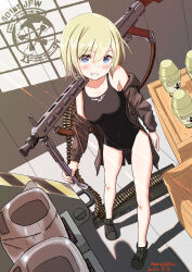 Rule 34 | 1girl, absurdres, black footwear, black one-piece swimsuit, blonde hair, blue eyes, blush, box, breasts, casual one-piece swimsuit, erica hartmann, full body, grey jacket, grin, gun, highres, jacket, logo, naruchisukisuki, nose blush, one-piece swimsuit, small breasts, smile, solo, standing, strike witches, submachine gun, swimsuit, weapon, weapon request, world witches series