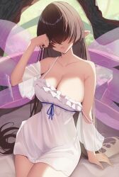 Rule 34 | 1girl, absurdres, arm support, bare shoulders, black hair, blue ribbon, branch, breasts, dress, facing viewer, fairy, hair over eyes, highres, large breasts, long bangs, long hair, nightgown, open mouth, original, pointy ears, ribbon, see-through silhouette, short sleeves, sitting, solo, strap slip, very long hair, wabimochi, white dress