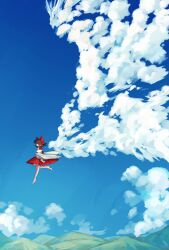 Rule 34 | 1girl, blue sky, bow, brown hair, cloud, cloudy sky, commentary request, detached sleeves, floating, full body, hair bow, hakurei reimu, highres, landscape, medium hair, mountainous horizon, outdoors, red bow, sky, solo, touhou, uzumibi