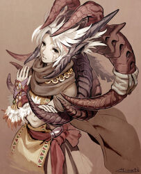Rule 34 | 1boy, artist name, brown background, brown cape, brown eyes, brown horns, brown theme, cape, feathers, hands up, horns, looking at viewer, male focus, minats, multiple horns, original, parted lips, red sash, sash, short hair, simple background, solo, standing, upper body, white hair