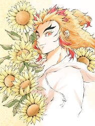 Rule 34 | 1boy, blonde hair, closed mouth, cropped torso, flower, hood, hood down, hooded sweater, kimetsu no yaiba, long hair, looking at viewer, male focus, multicolored hair, red eyes, red hair, rengoku kyoujurou, sayu090200, signature, solo, sunflower, sweater, two-tone hair, white background, white sweater, yellow flower