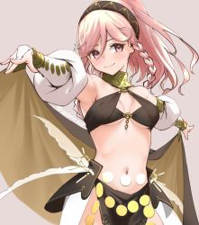 Rule 34 | 1girl, armpits, bracelet, braid, breasts, cleavage, cowboy shot, criss-cross halter, dancer, detached sleeves, feathers, fire emblem, fire emblem awakening, fire emblem heroes, gradient background, hair between eyes, hairband, halterneck, jewelry, loincloth, long hair, looking at viewer, medium breasts, midriff, navel, neck ring, nintendo, o-ring, o-ring top, olivia (fire emblem), outstretched arms, pink eyes, pink hair, ponytail, sash, see-through, shawl, side braids, simple background, skeptycally, smile, solo, standing, thighs, twin braids, underboob