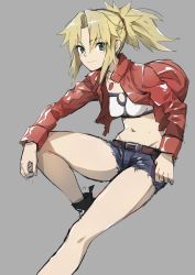 Rule 34 | 1girl, bandeau, blonde hair, boots, denim, denim shorts, doushimasho, fate/apocrypha, fate (series), green eyes, jacket, long hair, midriff, mordred (fate), mordred (fate/apocrypha), mordred (memories at trifas) (fate), navel, ponytail, red jacket, short shorts, shorts, simple background, solo