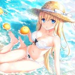 Rule 34 | 1girl, bare legs, bare shoulders, barefoot, beach, bikini, blonde hair, blue eyes, blush, breasts, cleavage, collarbone, commentary request, crab, feet, food, fruit, hat, hat ribbon, highres, holding, holding food, holding fruit, long hair, looking at viewer, medium breasts, navel, ocean, orange (fruit), original, parted lips, partially submerged, ribbon, shimofuri takenoko, sitting, solo, straw hat, swimsuit, toes, twitter username, white bikini