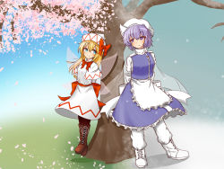 Rule 34 | 2girls, apron, arms behind back, black legwear, blonde hair, blue dress, blue eyes, blurry, blurry background, boots, bow, bowtie, brown footwear, cherry blossoms, closed mouth, cross-laced footwear, dress, full body, highres, letty whiterock, lily white, long hair, looking at another, multiple girls, murasame0603, petticoat, purple eyes, purple hair, red bow, red neckwear, short hair, smile, snow, snowing, standing, touhou, tree, waist apron, white apron, white dress, white footwear, white headwear, white legwear