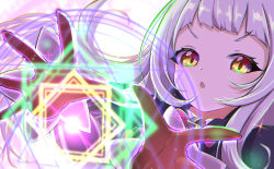 Rule 34 | 1girl, black capelet, bow, brown eyes, brown gloves, capelet, commentary, english commentary, forehead, gloves, grey hair, highres, hilamaru, hololive, long hair, long sleeves, looking at viewer, magic circle, murasaki shion, parted lips, pink bow, solo, v-shaped eyebrows, virtual youtuber
